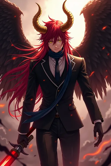 tekken 7,  Archangel , Demon Wings, male demon, Calibur of the soul,  black wings instead of arms ,  Fighting Game Character , Dark Angel,  tsurumaki Kazuya ,siendo encadenado por cadenas carmesi,que son de Young adult anime boy with long red hair with gol...