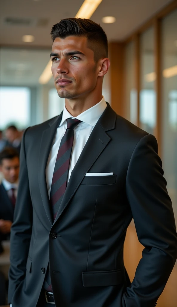 Full body portrait of Ronaldo in a suit, small head, extremely detailed skin, in a boardroom looking afar, blurred background.