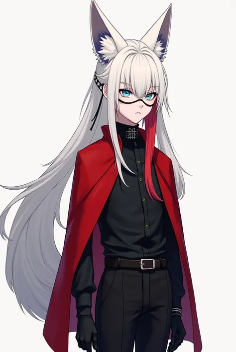 Boy,  pale skin,  long white hair with red strands tied in a ponytail, White fox ears,  large long and fluffy white fox tail ,  neat facial features ,  blue eyes ,  dressed in a black blouse with a red cape that looks like a placade ,  wears a black mask ,...