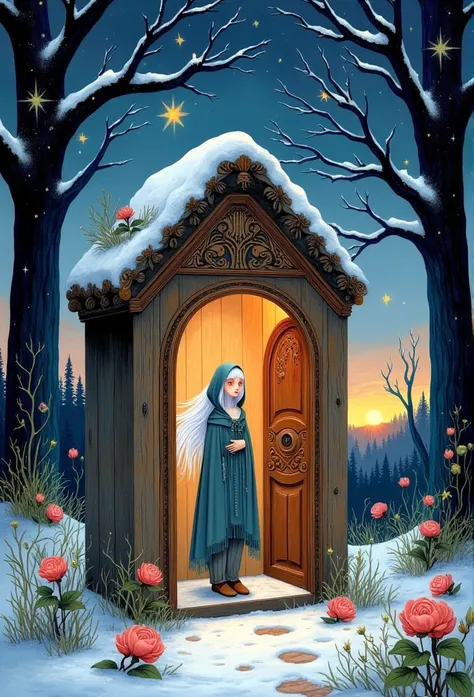    A young beautiful woman, a girl in a dress and a hooded robe, looks out of the reopened door of an old brown carved closet, winter and snow inside the closet ,  who is standing in the middle of the forest , roses grow near the closet , there is a forest...