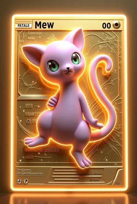 "A highly detailed 3D rendering of a Pokémon card featuring Mew ex, designed with balanced proportions to ensure all elements are clearly visible and immersive. The card retains its original rectangular layout, with golden neon outlines framing the card, c...