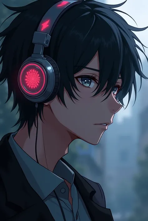 Anime male character with black hair, headphone and sad vibe