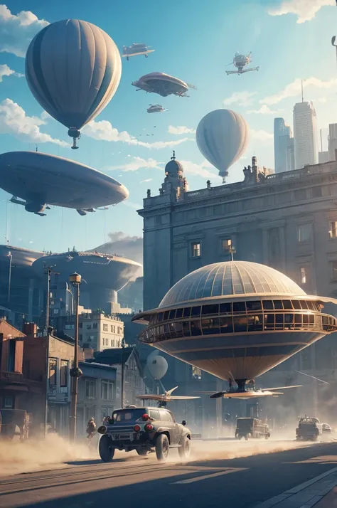 fantastic future illustration: airships floating in the sky and flying cars
Angels are flying around