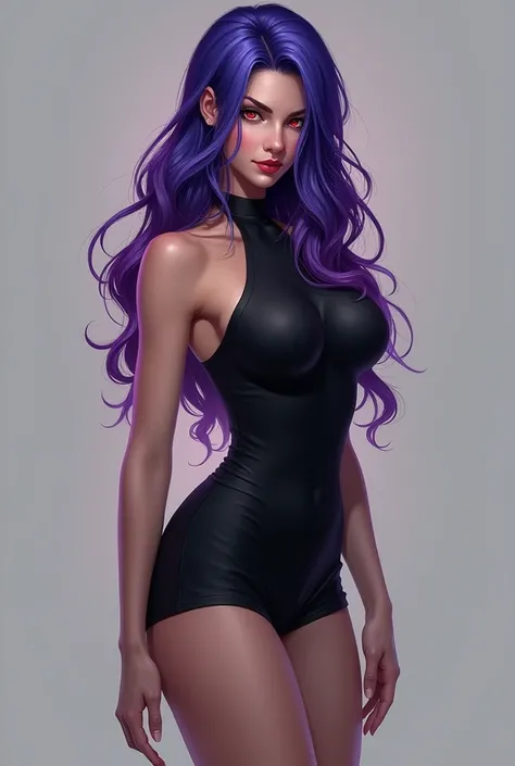 high body, high,  long legs, maduro female, maduro, adult,   Simple background eft _rubicundo, 1 girl, Alone, breasts, dress,  turtleneck  dress, cuernos de demonio Vermeil CABELLO MORADO, black dress, red eyes, large breasts, sleeveless, smile, medium hai...