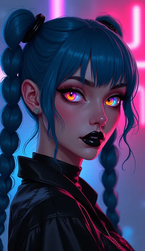 ArcaneFGTNRhigh stylish dark illustration of a cyberpunk femme fatale with blue braided long pigtails, vibrant rainbow eyes, glossy black lipstick, confident and alluring expression, cinematic lighting, dark futuristic background, ultra-detailed, vibrant c...