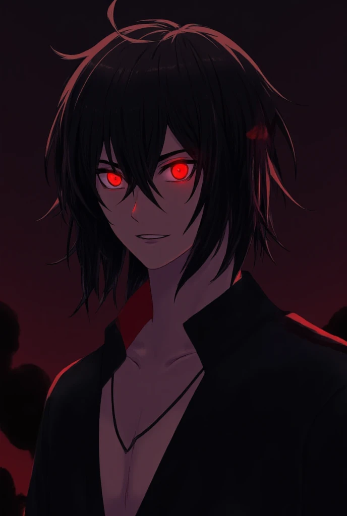 create a detailed anime-style portrait of a young male character with long hair and one tangerine red eye. The character should be depicted in the style of the Demon Slayer anime and should have a striking and captivating appearance. Imagine him as a muscl...