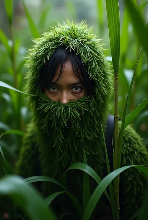 A pilipino covered in grass or camouflaging only his eyes is visible and full body image make it realistic and simple
