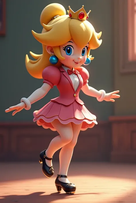 Princess peach tap dancing wearing a tuxedo leotard, and black tap shoes