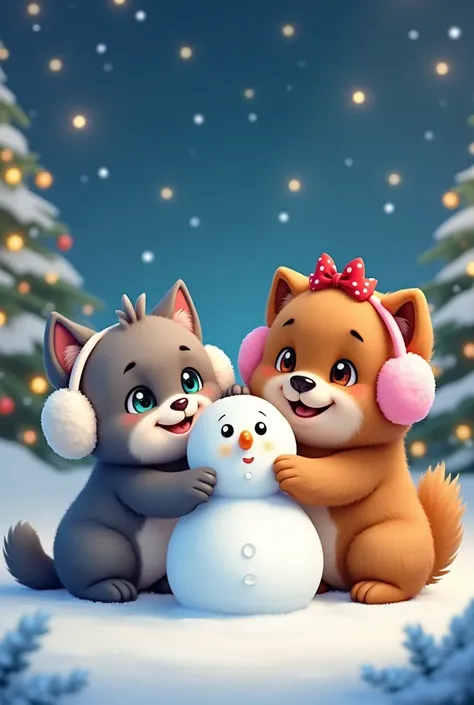 A cute "grey and white" ragdoll cat (bright eyes and smiling) wearing white earmuffs.    An adorable brown Chow Chow dog (bright eyes and smiling) with a red bow on her head and pink earmuffs.  Build a small Christmas snowman together.    The background is...