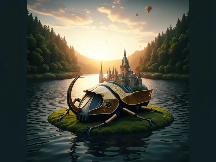 A giant beetle floating on a small island in a lake, with a castle in the background and hot air balloons in the sky at sunset, masterpiece, hyperrealistic, intricate details, 