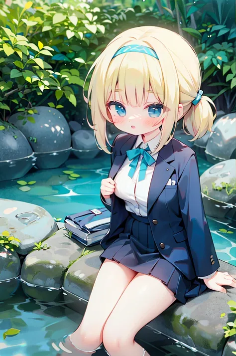 1gril, ( unique :1.3), ditch, hot spring, Outdoors, suit jacket,  hugging her legs, certainly(Blue Files),  medium breasts,  blond, braid, Folded ponytail , Hairband, 