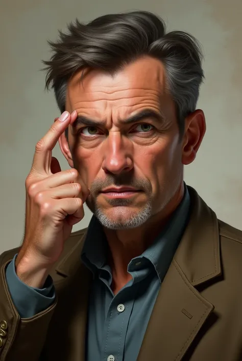 Male reference pose for art portrait head and half neck two fingers pointing to head