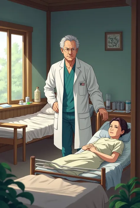 (Anime art style) A 39 year old man is in a village clinic treating weak patients