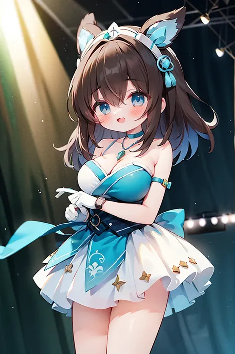 Sagisawa Fumika, 1 Girl,  unique , watch, pendant watch,  blue eyes , breast, Gloves, Headdress, skirt, Long hair, Lysis,  and watch the audience, white Gloves,  bare shoulders , Open your mouth, large breast,  Strapless, choker,  blush, white skirt,  dark...