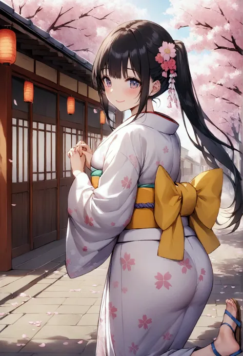  one woman、 beautiful girl、kimono、豪華な模様のkimono、kimono、 ponytails bleeding from the vagina、Sandals、School、 Back of the school building、spring、festival、Cherry Tree々、 cherry blossom petals dance、Long Hair、 best quality、Japanese style underwear、 beautiful feet...