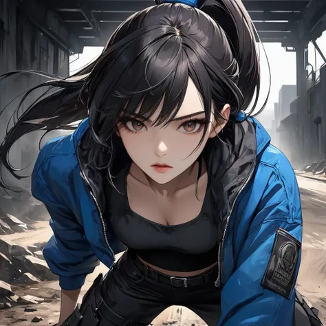 Cyberpunk art style, neo-noir art style, A semi-realistic anime-style woman with long, sleek black hair styled in a high ponytail. Aged 21. indonesian. She has a sharp, warm tan, symmetrical face with a defined jawline that highlights her serious and deter...