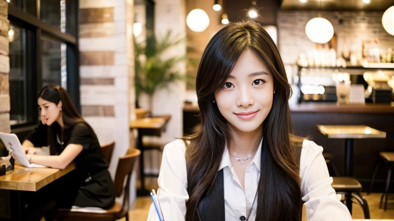 ((最 High Quality , 8k, masterpiece: 1.3)),  perfect face, inside a stylish cafe in New York 、 A beautiful woman like a model takes notes while drinking cafe latte Scene of studying on a computer.,Beautiful female college students studying at the ,  You can...