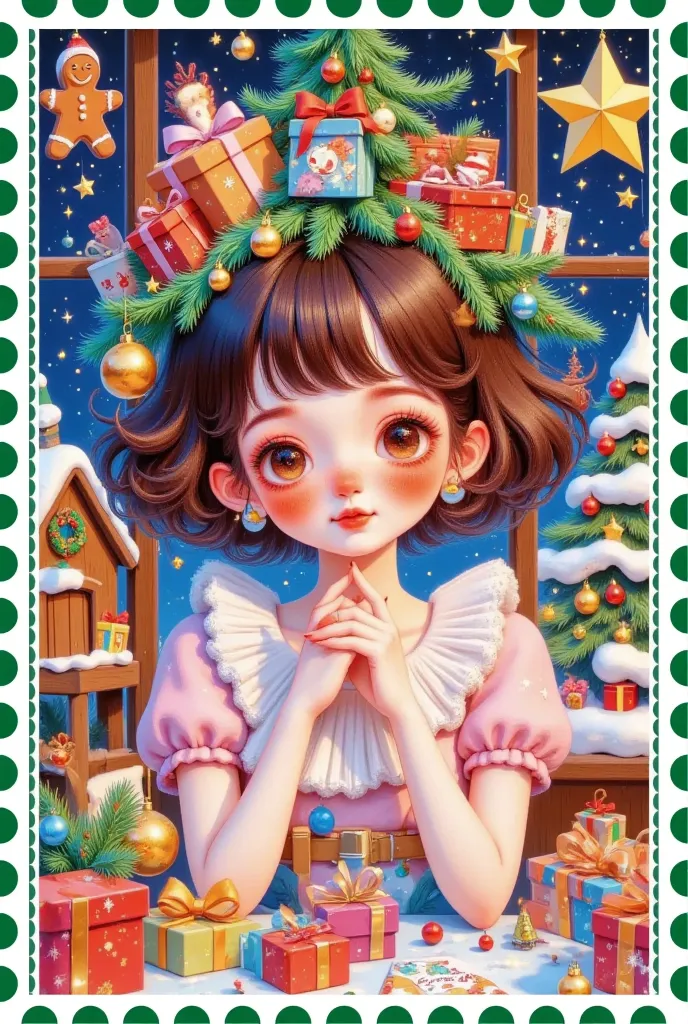 christmas postcard，beautiful women's words，hair is decorated with gifts +christmas tree+hut+gingerbread man+bow。short hair，  bea...