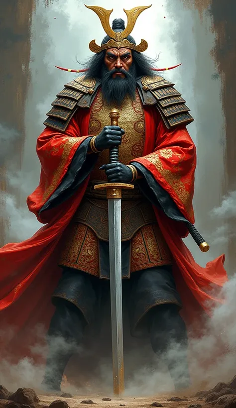  A war god wearing samurai robes with a katana sword 
