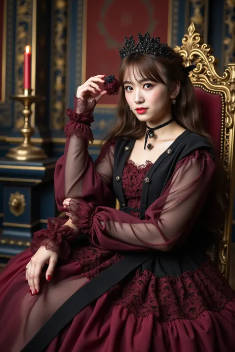 (((Royal palace decorated with intricate patterns and symbols of authority in an ancient castle at night)))、(((On the majestic jade throne々Sit together:1.3)))、 BEAUTIFUL IDOL GIRL 、 Gothic dress featuring intricate lace details and vibrant colors.、((((Vivi...