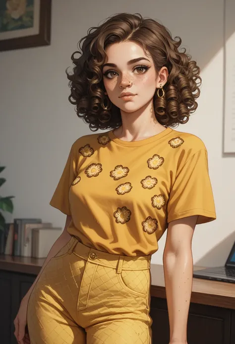 curly, brown, neck-lenght haired, brown eyed, piercing in her nose, freckled cheeked, overbuilt, large, dark yellow square patterned long sleeved baggy shirt, yellow legging trousers lady