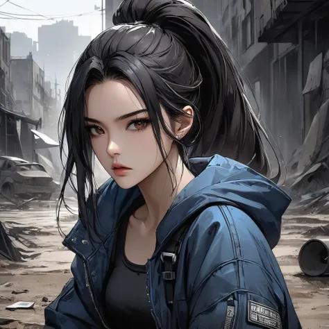 Cyberpunk art style, neo-noir art style, A semi-realistic anime-style woman with long, sleek black hair styled in a high ponytail. Aged 21. indonesian. She has a sharp, warm tan, symmetrical face with a defined jawline that highlights her serious and deter...