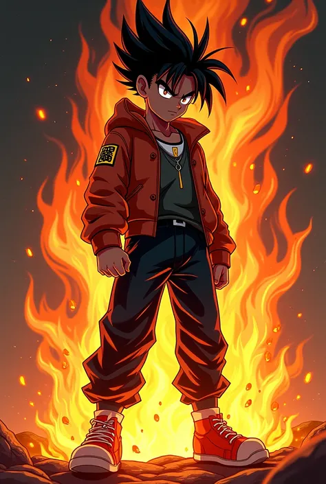 Create a boy logo
He is black skin color and black hair
With orange aura with fire around him and cool casual dress  
Write down "BlazeMathus" in Fire 
in anime style and it would be badass