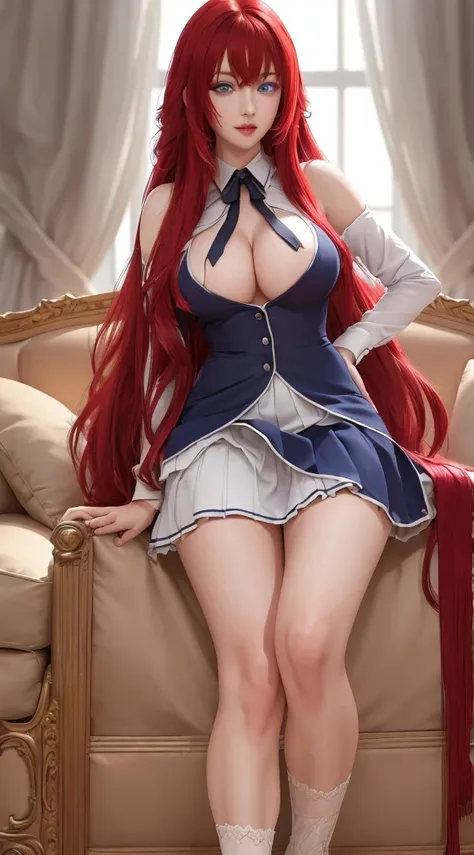 Rias,  masterpiece, highly detailed CG uniform 8K background images, (HQ Skin:1.2),8K UHD, dslr,  high quality, ((a woman in a high-cut dress )),  red hair,  Very long hair,  blue eyes ,  beautiful and detailed eyes , beautiful skin,  attractive ,  Ultra h...