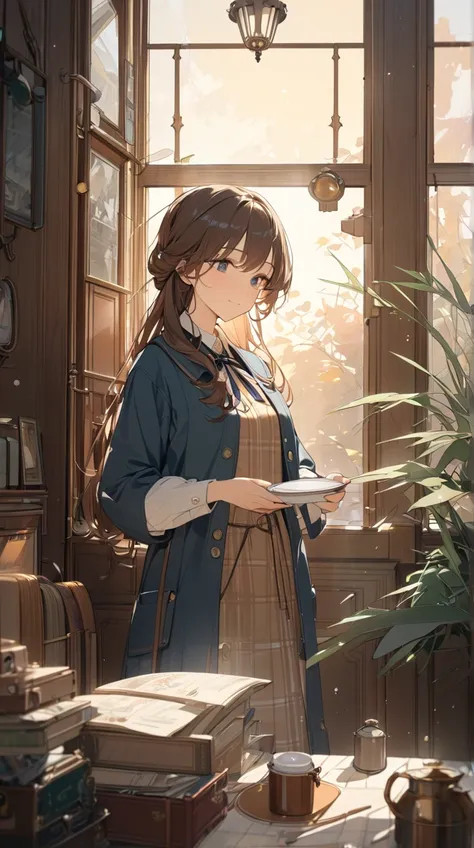 One Girl、Gentle smile、Soft Eyes、Long Hair、 Retro Detective Outfit 、 relaxed posture 、Small breasts、 Holding a coffee cup in hand、  
break、  
Twilight Light、（ soft highlights :1.3）、Warm shades、 relaxed vibe、Detective Spirit 、 Artistic Touch 、Moment of Peace...