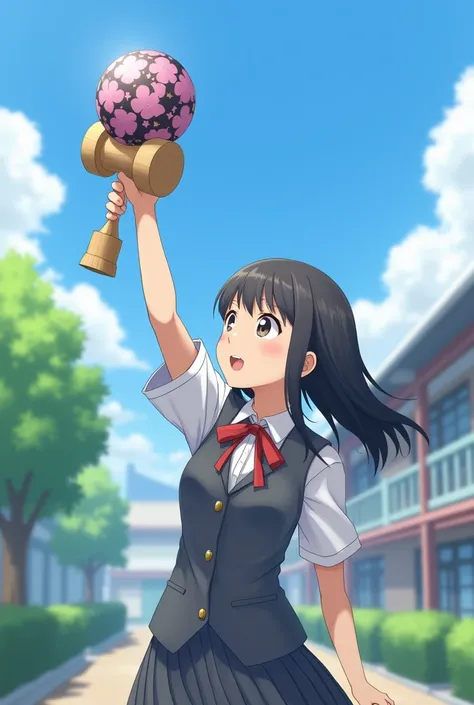  a picture of a high school girl playing kendama 。 a picture of a high school girl wearing a blazer uniform 、 has straight hair up to her shoulders 。ribbon（or tie） is a simple school-like design 、 colors are calm tones such as red and blue 。 The kendama ba...