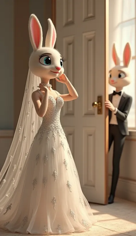 Location: Dressing room.
Prompt: "The 3D female rabbit-human hybrid stands in front of a mirror in a bridal gown, adjusting her veil with a radiant smile. The 3D male rabbit-human hybrid, dressed in a tuxedo, peeks through the door with a playful grin."
