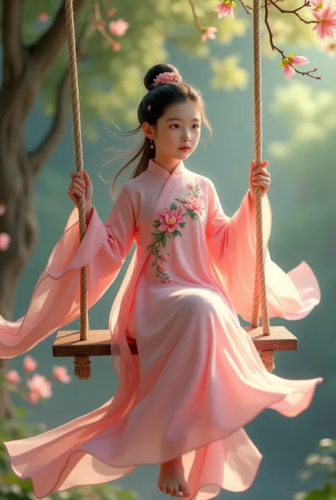 A girl about  in pink hanfu with lotus embroidery swings on a swing 