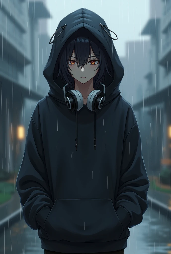 Handsome cool anime character wear hoodie and headphone, with sad vibe and rainy day