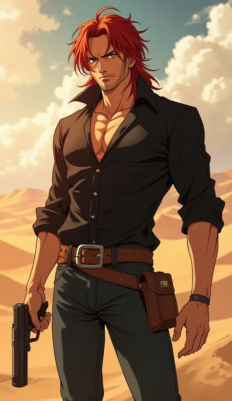 Handsome Adult Akagami No Shanks Standing Cool In Desert And Hold Pistol ,1Male, Masterpiece, Award Winning, Textured Skin, Motion Lines, Blonded, Anime, Anime Style, 