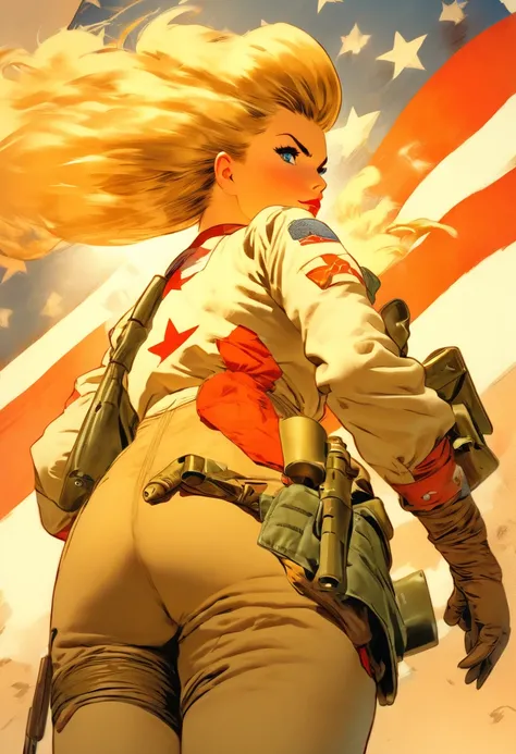  female fighter pilot,  blonde,  ww2,  West back view ,  Akimbo,  art：J.c. Ryendecker  . Anime Style,   KEY VISUAL ,   vibrant ,   Studio Anime ,   high definition