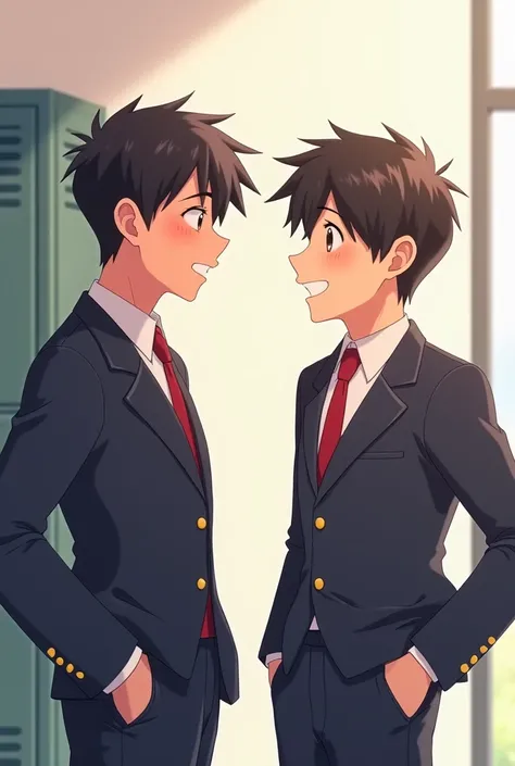 animation art,  Two men in school uniforms, Smiling face to face 