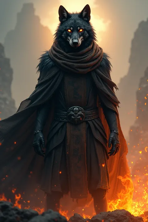 A fiery black wolf wears a long black scarf of the Earth with a knight mask covering his entire face