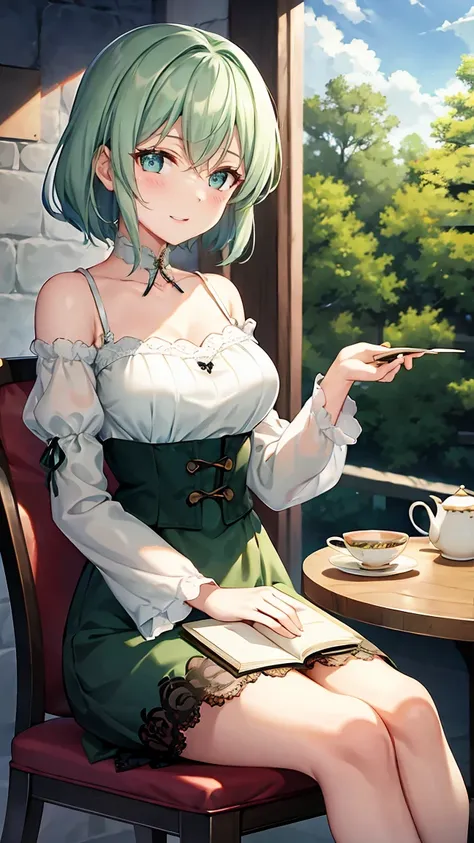  shoulder-length green hair,  Small Breasts , Small breasts、Green Eyes, 、(((Ladylike))), full body from head to toe 、、Shoulder knit、See-through patterned lace sleeves、Feminine clothing、、Chuckle、(( seated facing each other across the table from the viewer))...