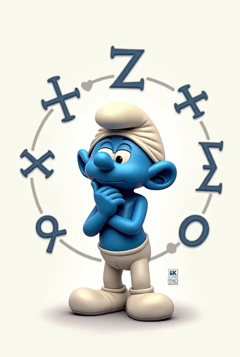 A smurf surrounded by a circle of math symbols while thinking of radicals