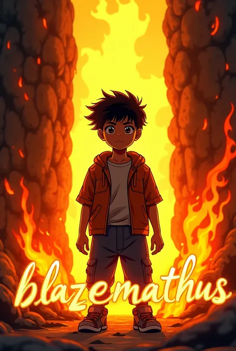 Create a boy logo
He is black skin and black short hair
With orange aura with fire around him and cool casual dress  and he is inbetween of flames
Write down "BlazeMathus" in Fire 
in anime style and it would be badass