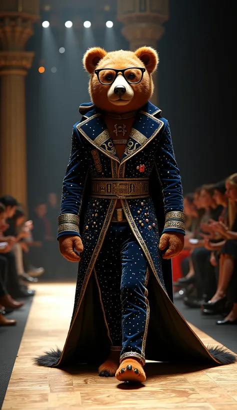 Create A Humanoid Very Cute Bear Man Walking In Fashion Show Ramp, Bear Head Man , Wearing Unique Fashion Clothes, , Wearing Glasses, Walking Straight On The Ramp, Fashion Show Background, Walking In Style, Realistic, small Russia flag in audience 
Velvet ...