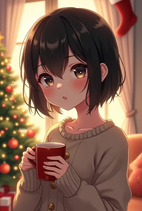 Anime girl with short black hair at Christmas 
