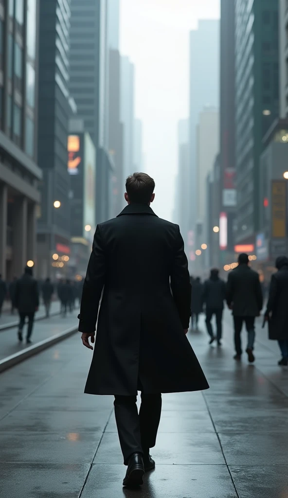 A male in a trench coat walks down a street in a modern city, the camera follows the males movement from behind, the image has a grayish tone and a somber atmosphere.