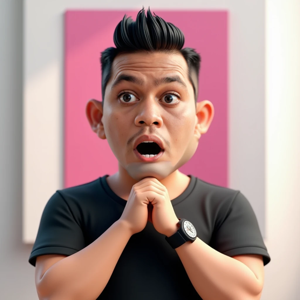  karikatur hyperrealistic 3d ,short body, a man with a surprised expression and his hands touching his chin , as in the provided image .  This man has short, black hair combed back .  He is wearing a short-sleeved black sweatshirt and a watch on his left w...