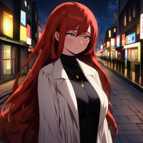 1 female, standing, ((sad expression)), ((very long red hair)), cute eyes, yellow eyes, long eyelashes, large breasts, white trenchcoat, black turtleneck sweater, (on a sidewalk), night time, city lights, bokeh, (half-body image:1.3), masterpiece, ultra HD...