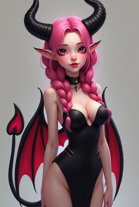  Young woman with long pink hair in two braids  .  She has two stately horns ,  two red and black wings behind her waist ,  and a long black Tail with a heart-shaped end .

 Even though the woman looks like a teenager and her face is free of makeup,  her f...