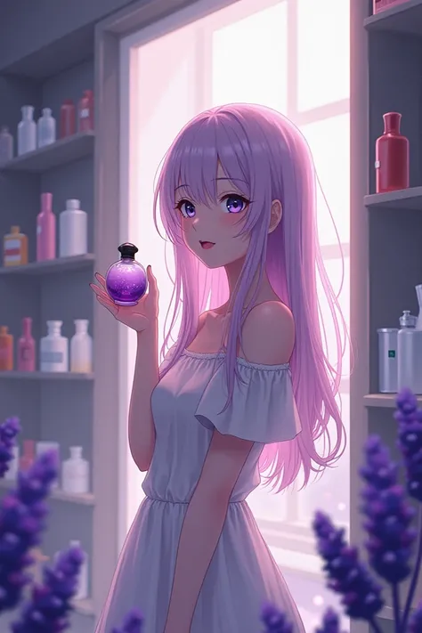 Pale pink-haired woman with a little purple , lavender eyes a little blue ,Long hair, all around is a perfume shop, but no one is there. , Holding a perfume in her hand, a little purple lavender perfume., anime girl