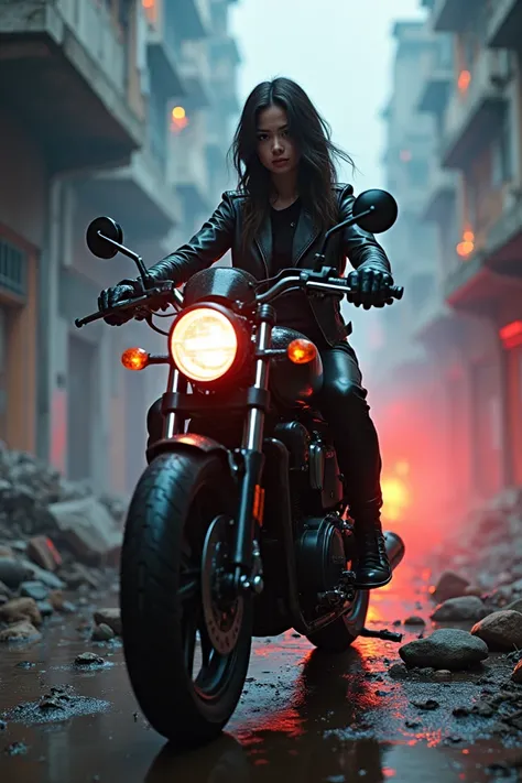 cyberpunk,portrait of young indonesian woman wearing slim leather jacket and slim black pants riding moge in a destroyed building there is plane smoke fire