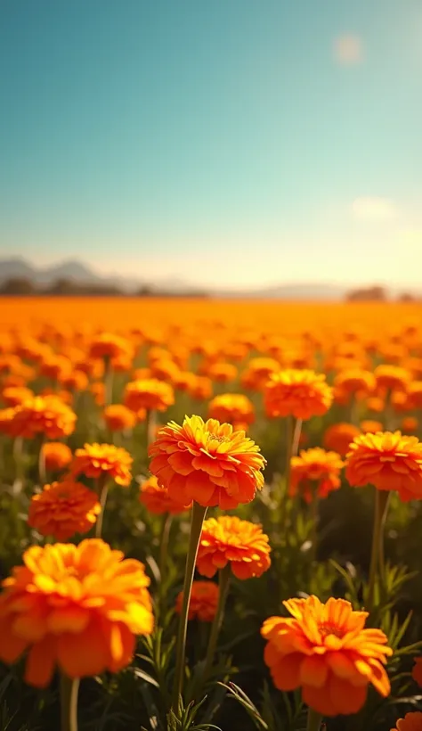 A vibrant field of marigold flowers glowing in golden hues under the Mexican sun, symbolizing the Dia de los Muertos