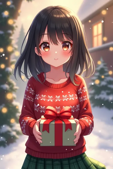 Black-haired anime girl in Christmas clothes giving a gift


